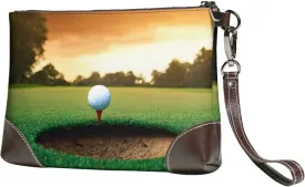 Leather Clutch Bag Funny Print Elegant Versatile Large Wallet Purse, Gifts for Women (Sport Golf Ball Sunset Tree)