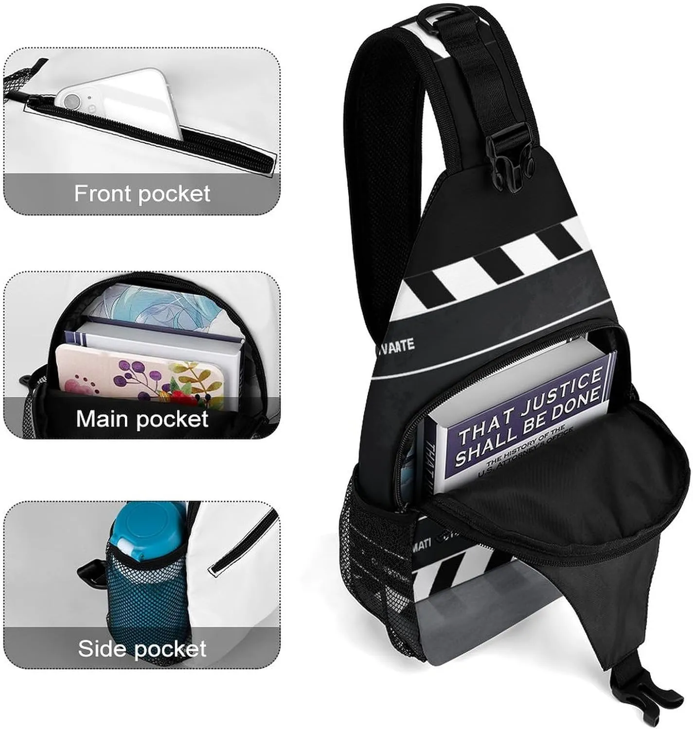 Lightweight Chest Bag Crossbody Bag Classic Movie Clapboard Black Sling Backpack for Women Men Sports Travel
