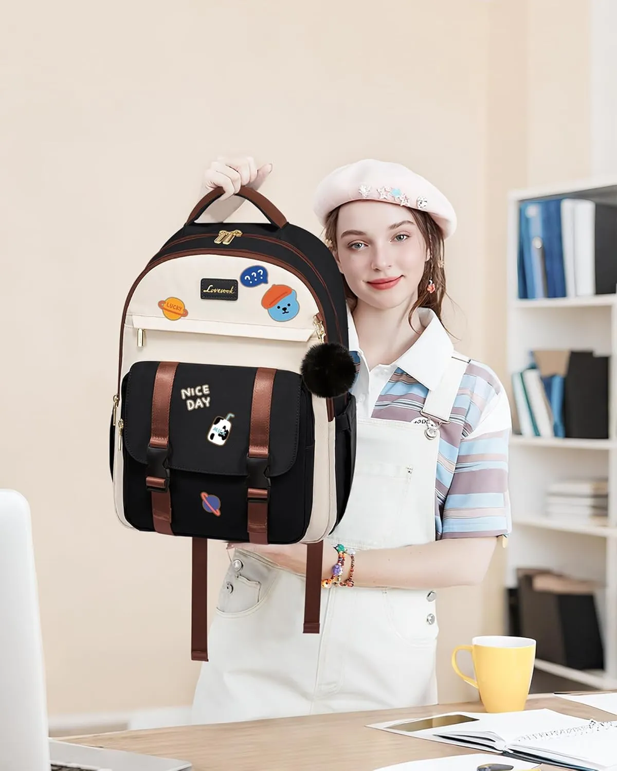 LOVEVOOK School Backpack for Teen Girls, Cute Student Backpack Purse Kid Bookbag for 14-16 Teenage, Back to School Backpacks Fit 15.6 Inch Laptop, Large College Travel Bag, Black-Beige-Brown