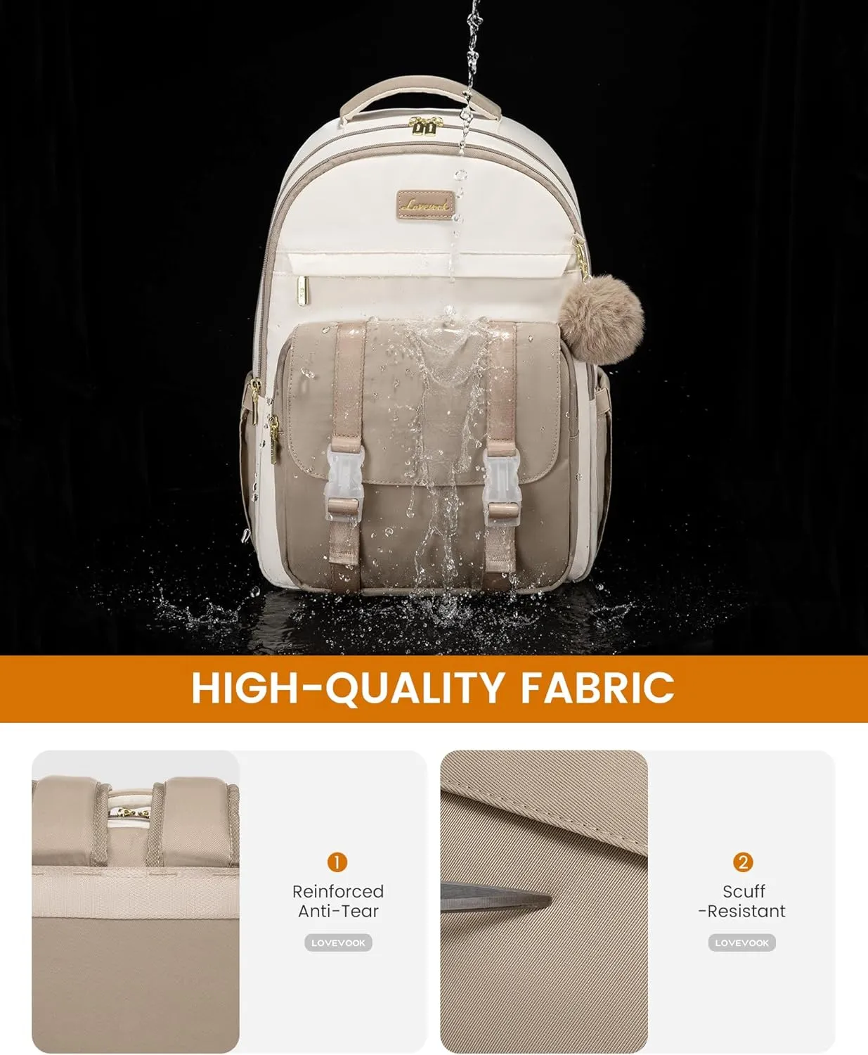 LOVEVOOK School Backpack for Teen Girls, Cute Student Backpack Purse Kid Bookbag for 14-16 Teenage, Back to School Backpacks Fit 15.6 Inch Laptop, Large College Travel Bag, Black-Beige-Brown