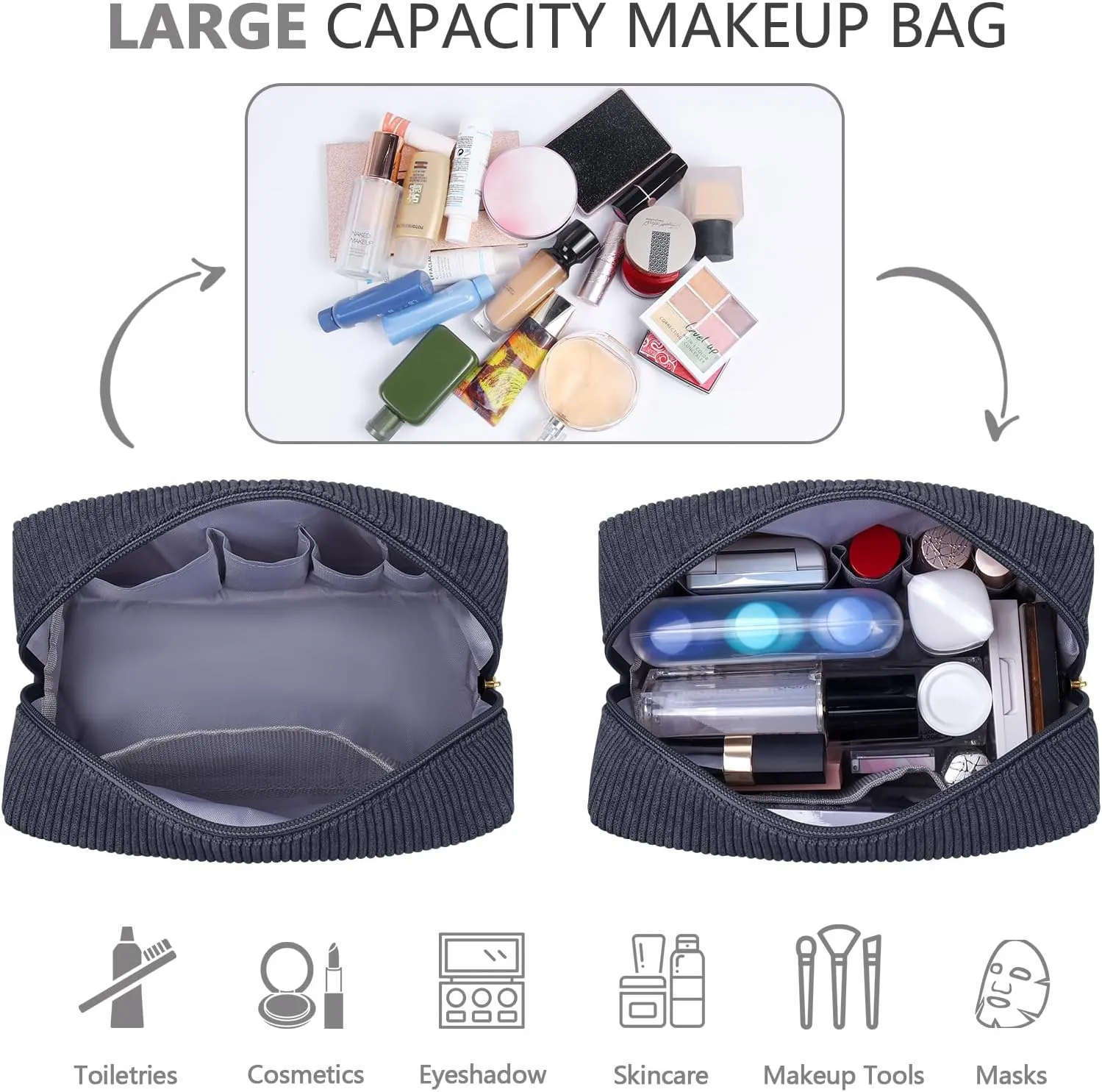 MAGEFY Small Makeup Bag for Purse Portable Makeup Pouch with Compartments Corduroy Make up Bag for Women Travel Cosmetic Essential (Dark Gray, STUFF)