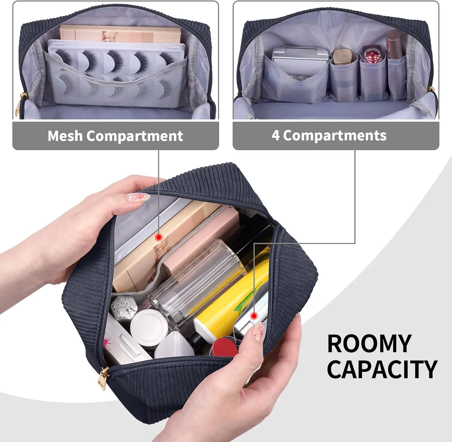 MAGEFY Small Makeup Bag for Purse Portable Makeup Pouch with Compartments Corduroy Make up Bag for Women Travel Cosmetic Essential (Dark Gray, STUFF)