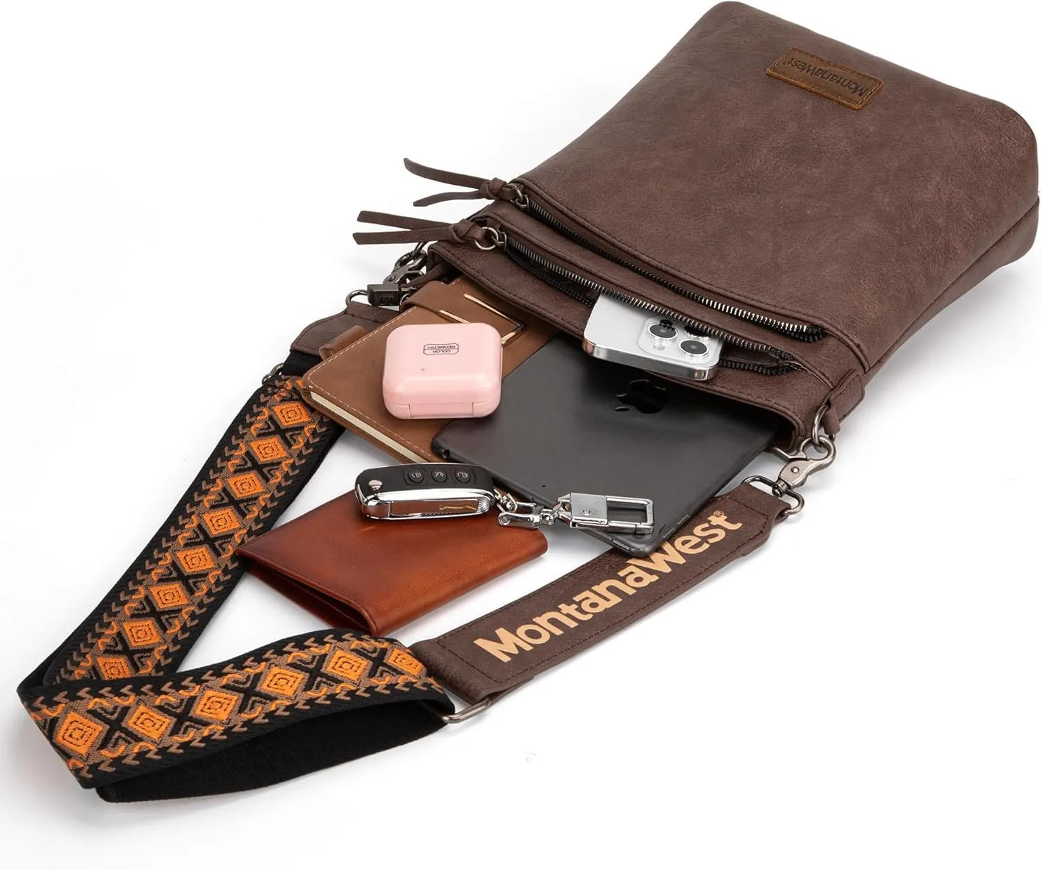 Montana West Multi Zip Pocket Large Crossbody Bag With Guitar Strap