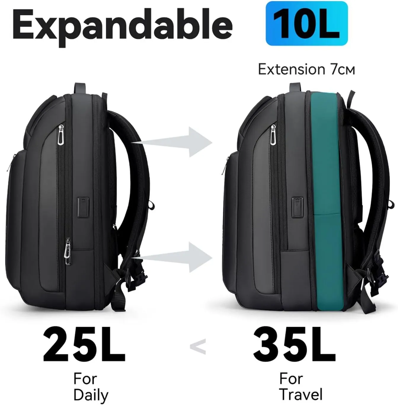 Muzee Business Laptop Backpack, Expandable 25L-35L Large Capacity Travel Backpack, Water-resistant Cabin Backpack 45x30x25cm, Work Bag with USB for Men - Black