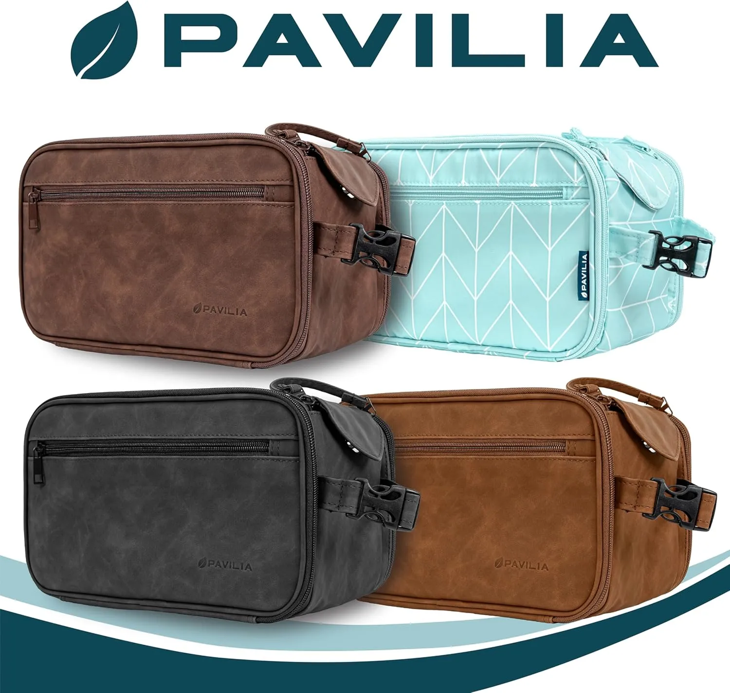 PAVILIA Large Toiletry Bag for Men Women, Mens Travel Bag Toiletries Organizer Case for Grooming, Travel Essentials Shaving Dopp Kit, PU Leather Water Resistant Cosmetic Pouch, Black