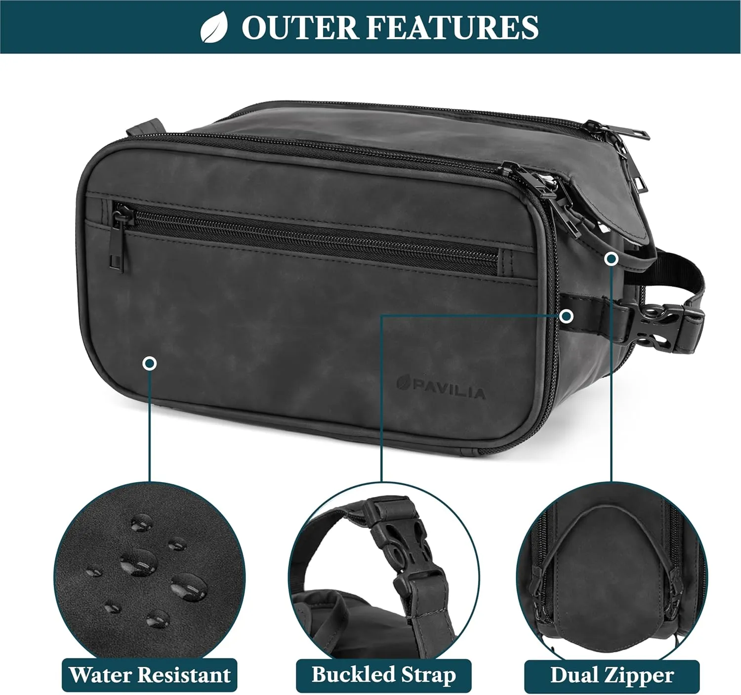 PAVILIA Large Toiletry Bag for Men Women, Mens Travel Bag Toiletries Organizer Case for Grooming, Travel Essentials Shaving Dopp Kit, PU Leather Water Resistant Cosmetic Pouch, Black