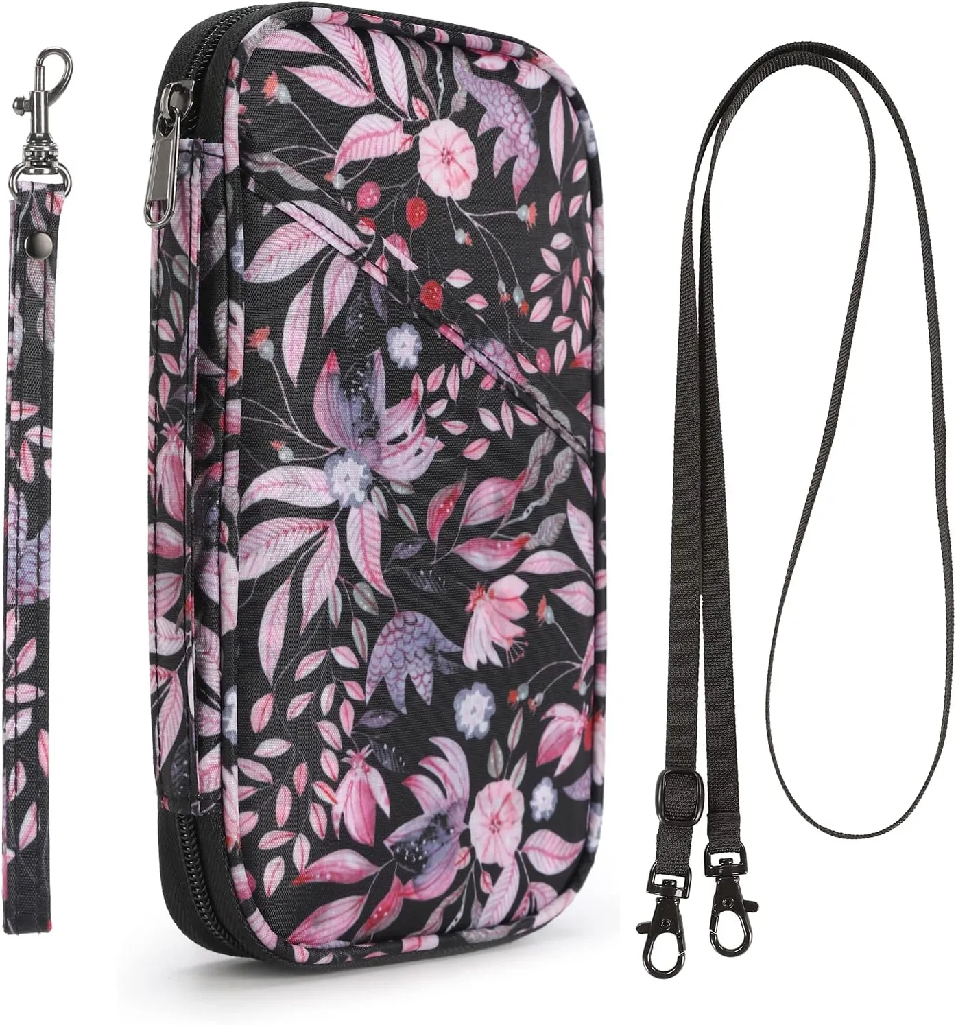 RFID Passport Holder for Family - Large Passport Wallet Holder with Zipper Pocket, Lightweight Portable Travel Document Organizer, Floral Black