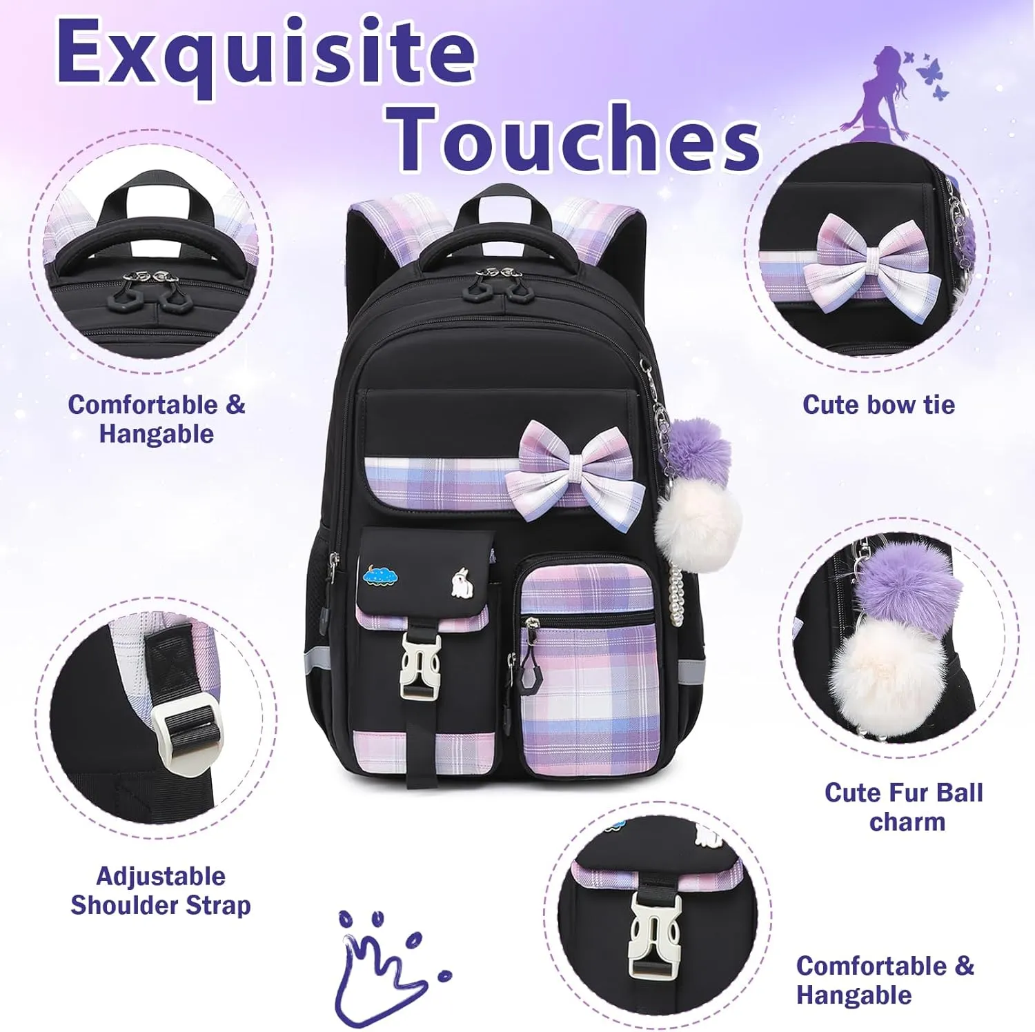 School Backpack for Girls Kids Bookbag for Elementary Middle School Casual Travel Daypack Teen Backpacks Black Set