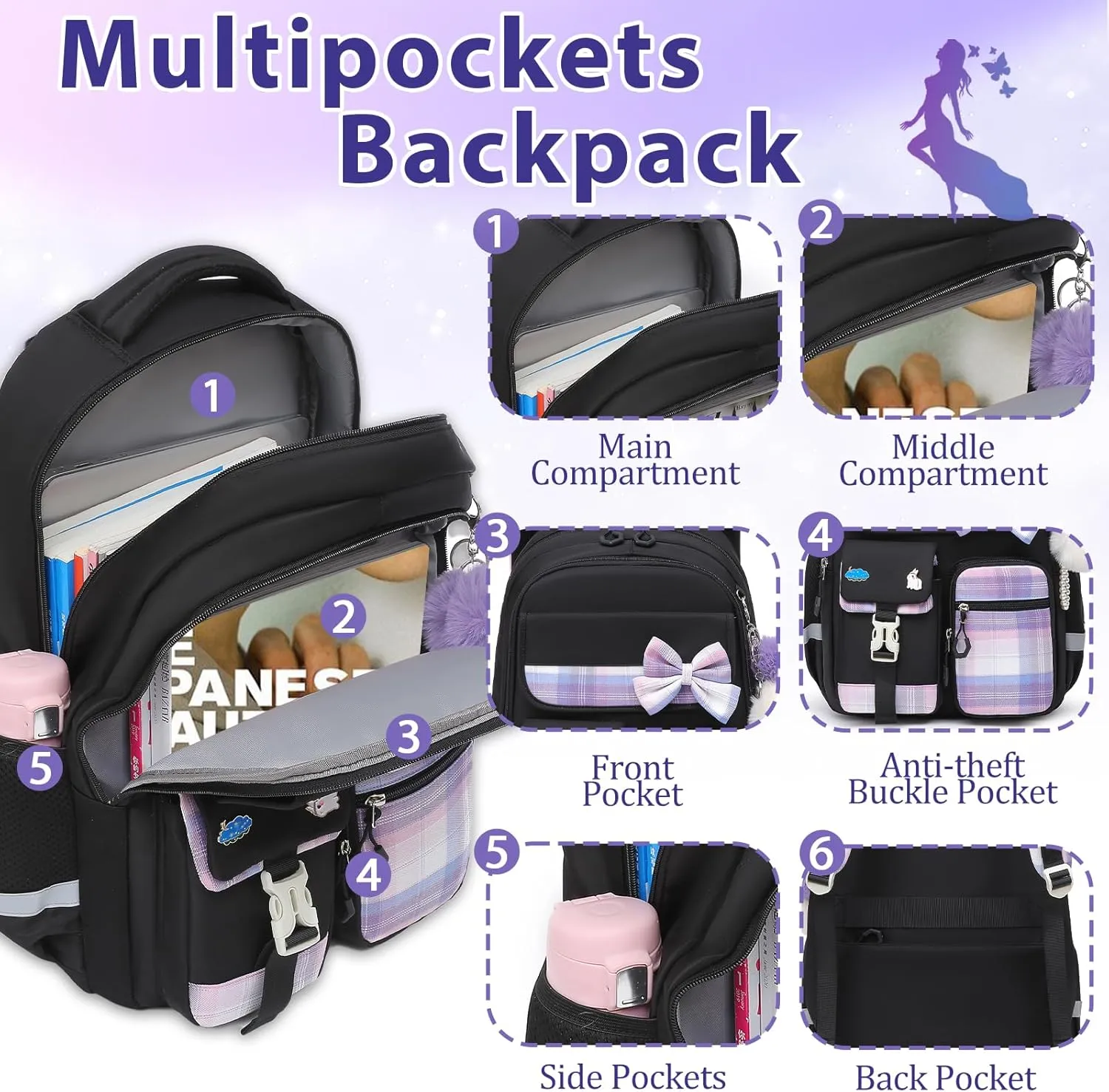 School Backpack for Girls Kids Bookbag for Elementary Middle School Casual Travel Daypack Teen Backpacks Black Set