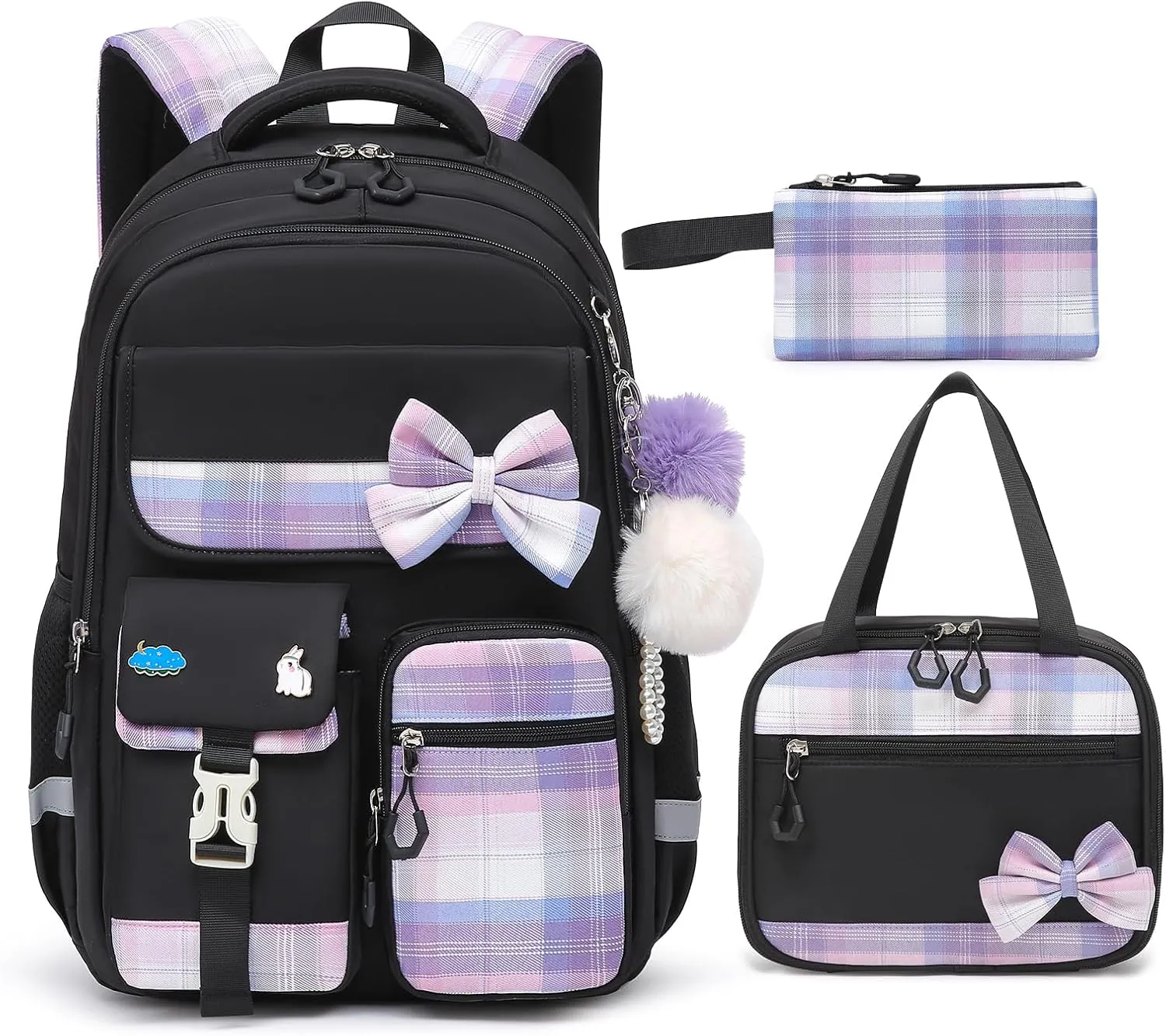 School Backpack for Girls Kids Bookbag for Elementary Middle School Casual Travel Daypack Teen Backpacks Black Set
