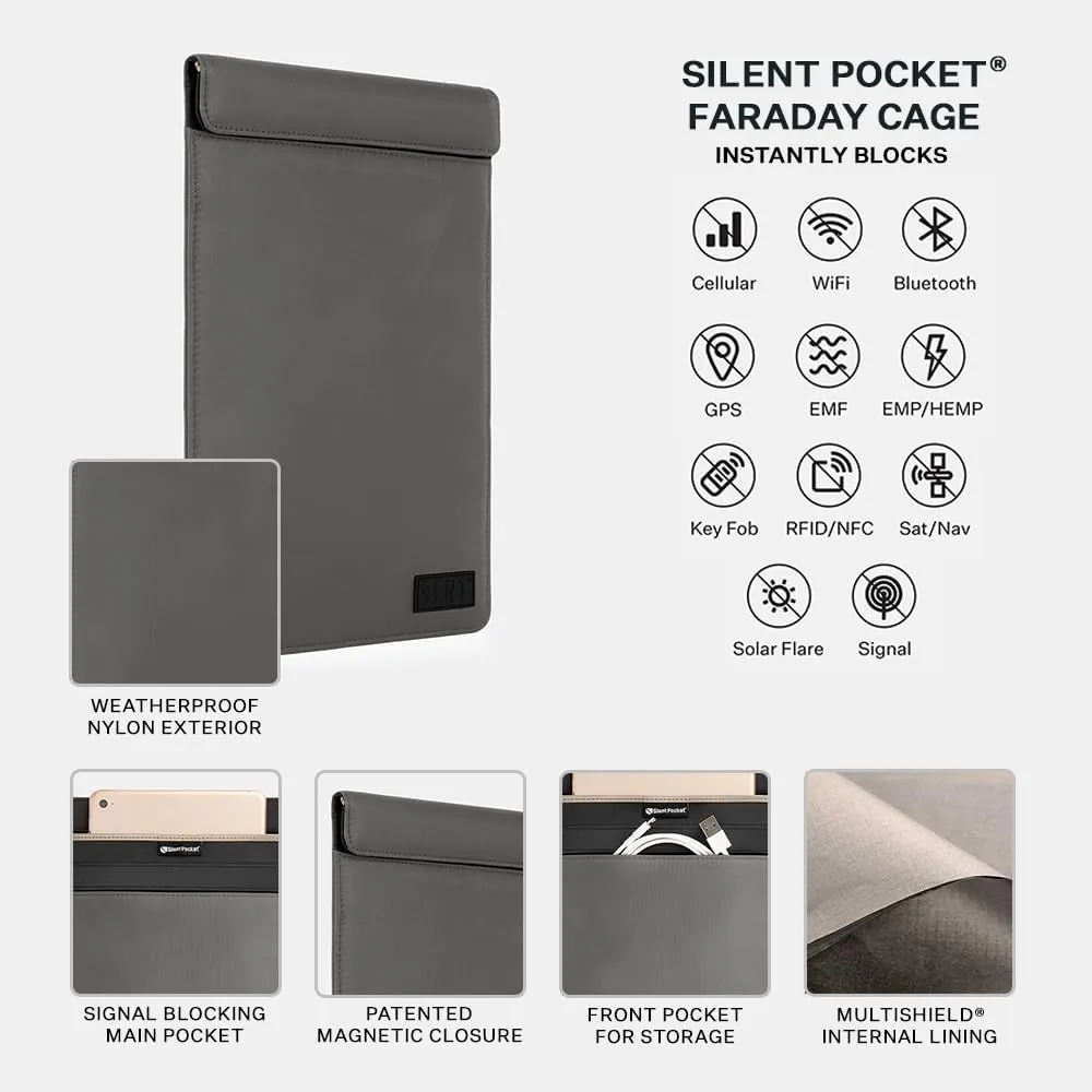 SLNT Faraday Bag Tablet Sleeve with Silent Pocket - Leather or Weatherproof Nylon, Signal Blocking Device Shielding for iPad, Samsung Galaxy Tab, Most Tablets, Privacy (Charcoal Grey Nylon, Large)