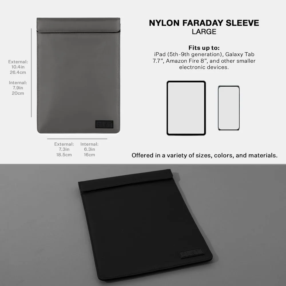 SLNT Faraday Bag Tablet Sleeve with Silent Pocket - Leather or Weatherproof Nylon, Signal Blocking Device Shielding for iPad, Samsung Galaxy Tab, Most Tablets, Privacy (Charcoal Grey Nylon, Large)