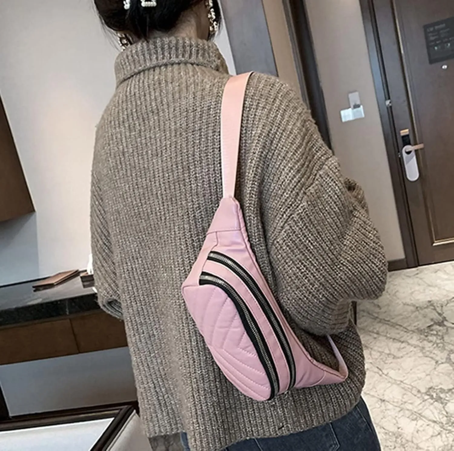 Small Belt Bags For Women,Sling Crossbody Fanny Pack,Cross Body Bag Purse For Trave,PU Leather,Gray Champagne