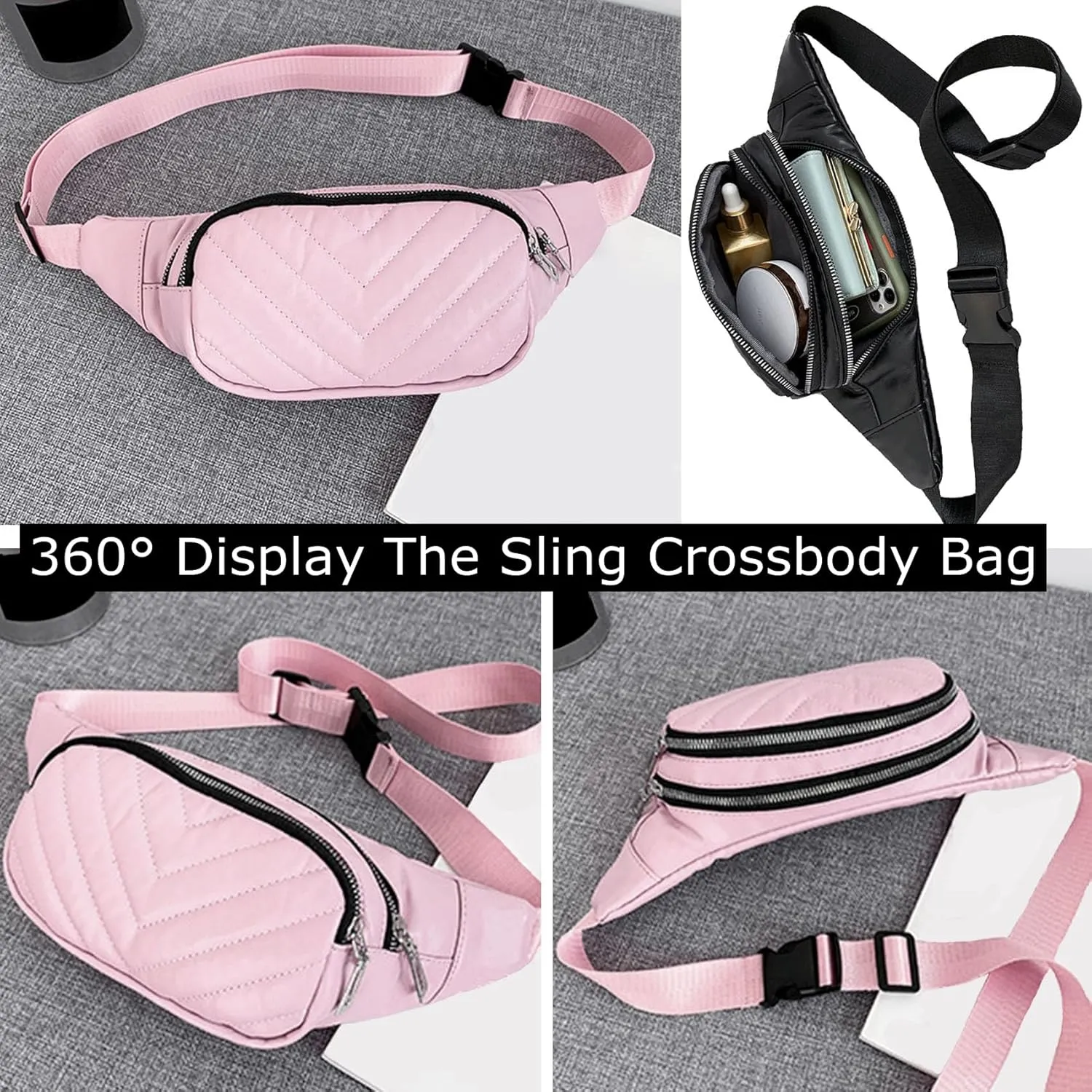 Small Belt Bags For Women,Sling Crossbody Fanny Pack,Cross Body Bag Purse For Trave,PU Leather,Gray Champagne