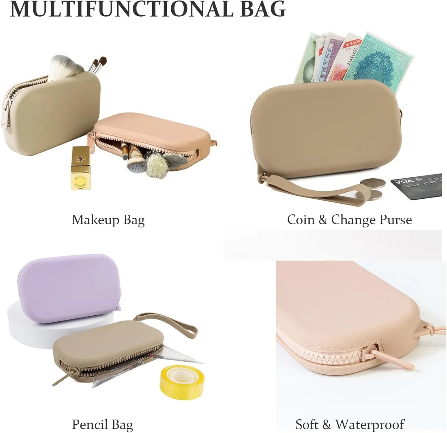 Small Silicone Multifunctional Essential Bag Portable Travel Makeup Bag for Women Men Cards Cash Bag Zipper Pouch (Grey)