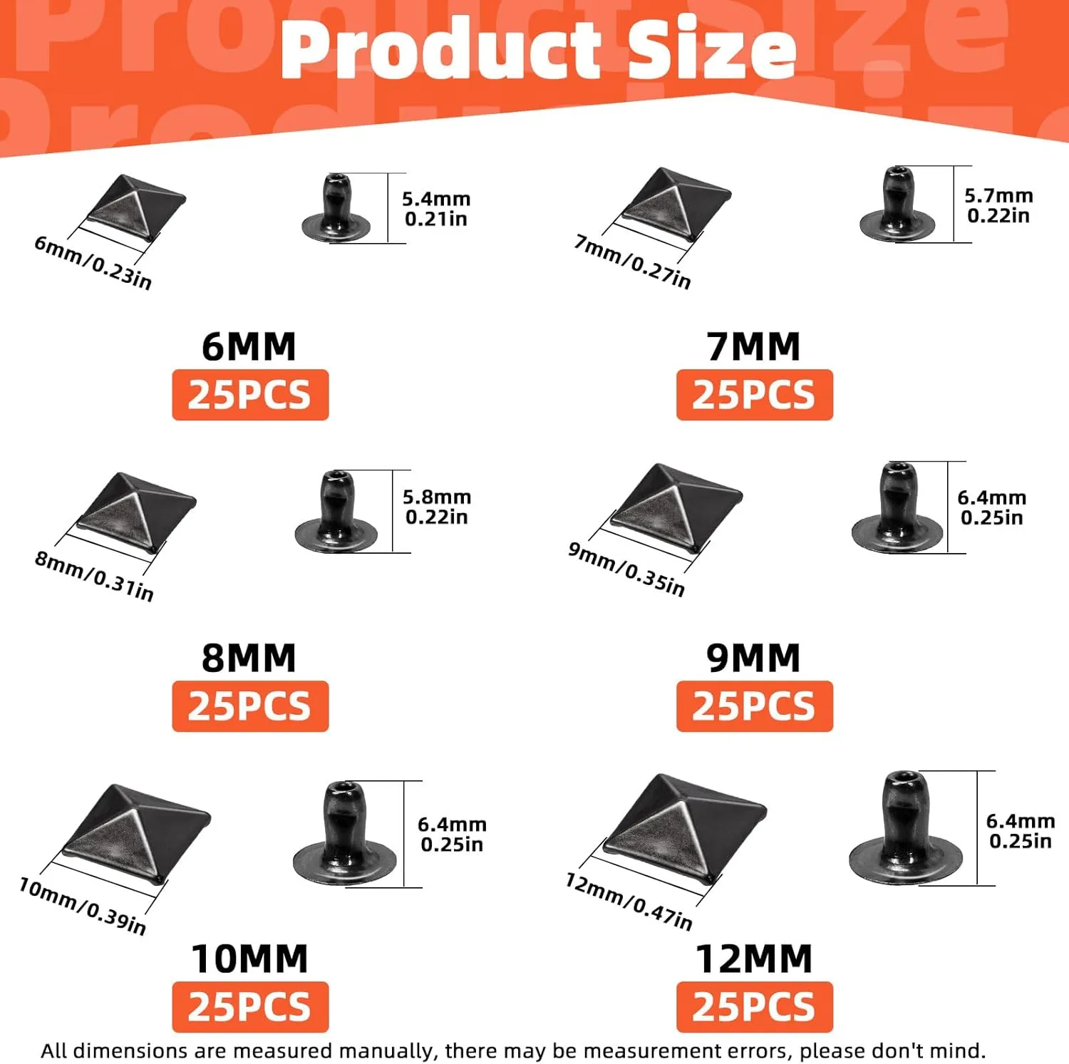 Tanstic 150Pcs Spike Rivet Pyramid Rapid Rivet Studs, 6mm, 7mm, 8mm, 9mm, 10mm, 12mm Spike Rivet Square Punk Spikes for Clothing Shoes Belts Bags (Gun Black)