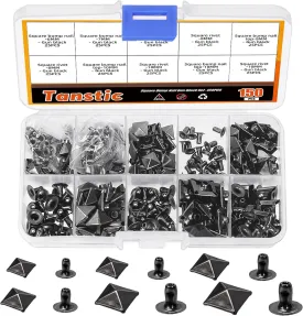 Tanstic 150Pcs Spike Rivet Pyramid Rapid Rivet Studs, 6mm, 7mm, 8mm, 9mm, 10mm, 12mm Spike Rivet Square Punk Spikes for Clothing Shoes Belts Bags (Gun Black)