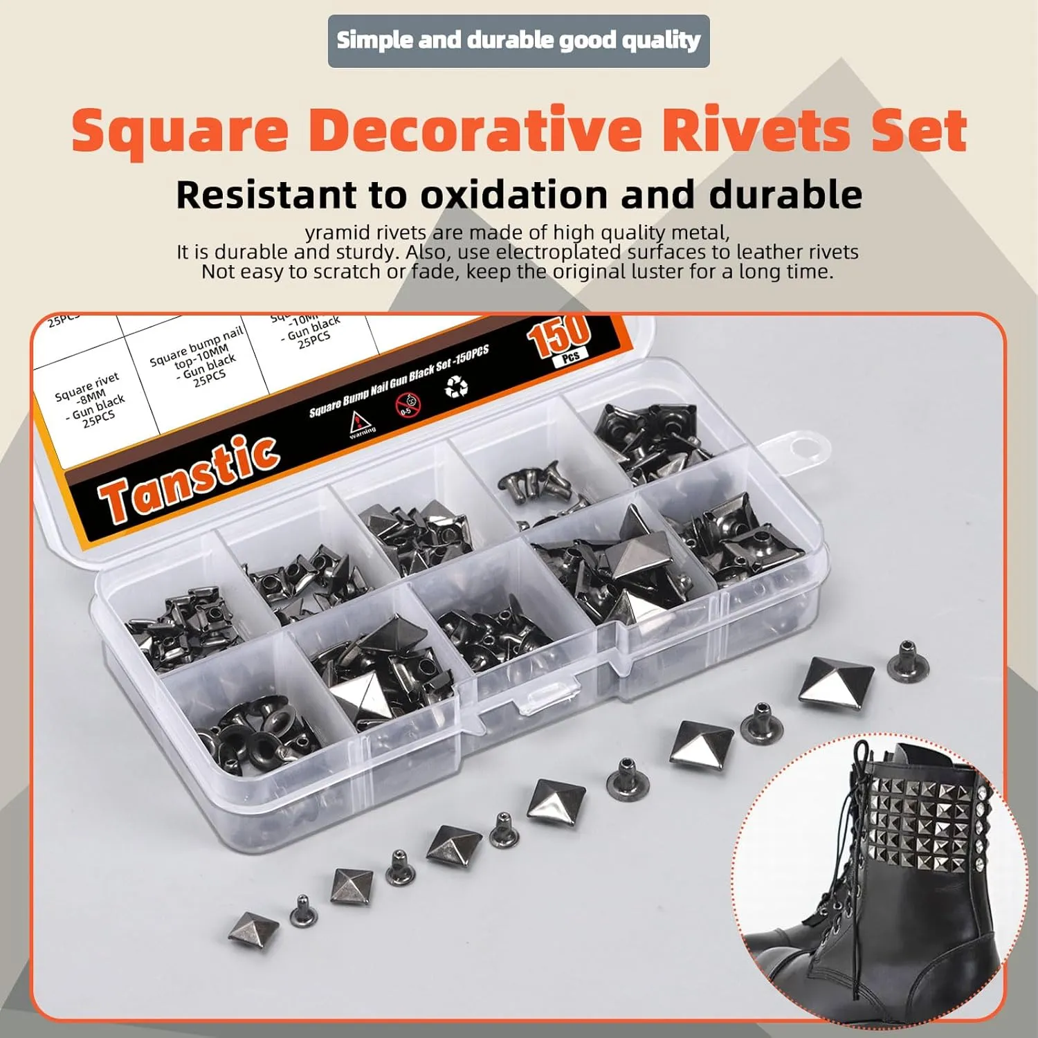 Tanstic 150Pcs Spike Rivet Pyramid Rapid Rivet Studs, 6mm, 7mm, 8mm, 9mm, 10mm, 12mm Spike Rivet Square Punk Spikes for Clothing Shoes Belts Bags (Gun Black)