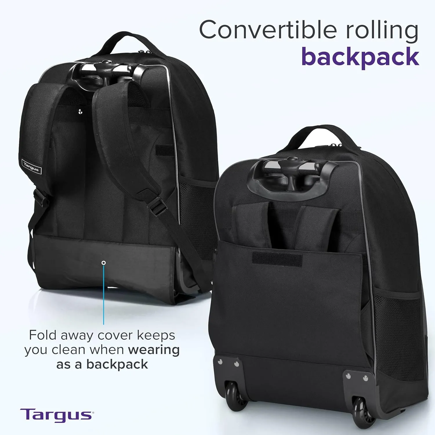Targus 16 Inch Compact Rolling Backpack, Black - Wheeled Travel Bag with Removable Protective Laptop Sleeve, Fits Laptops Up to 16 and MacBook Pros up to 17 (TSB750US)