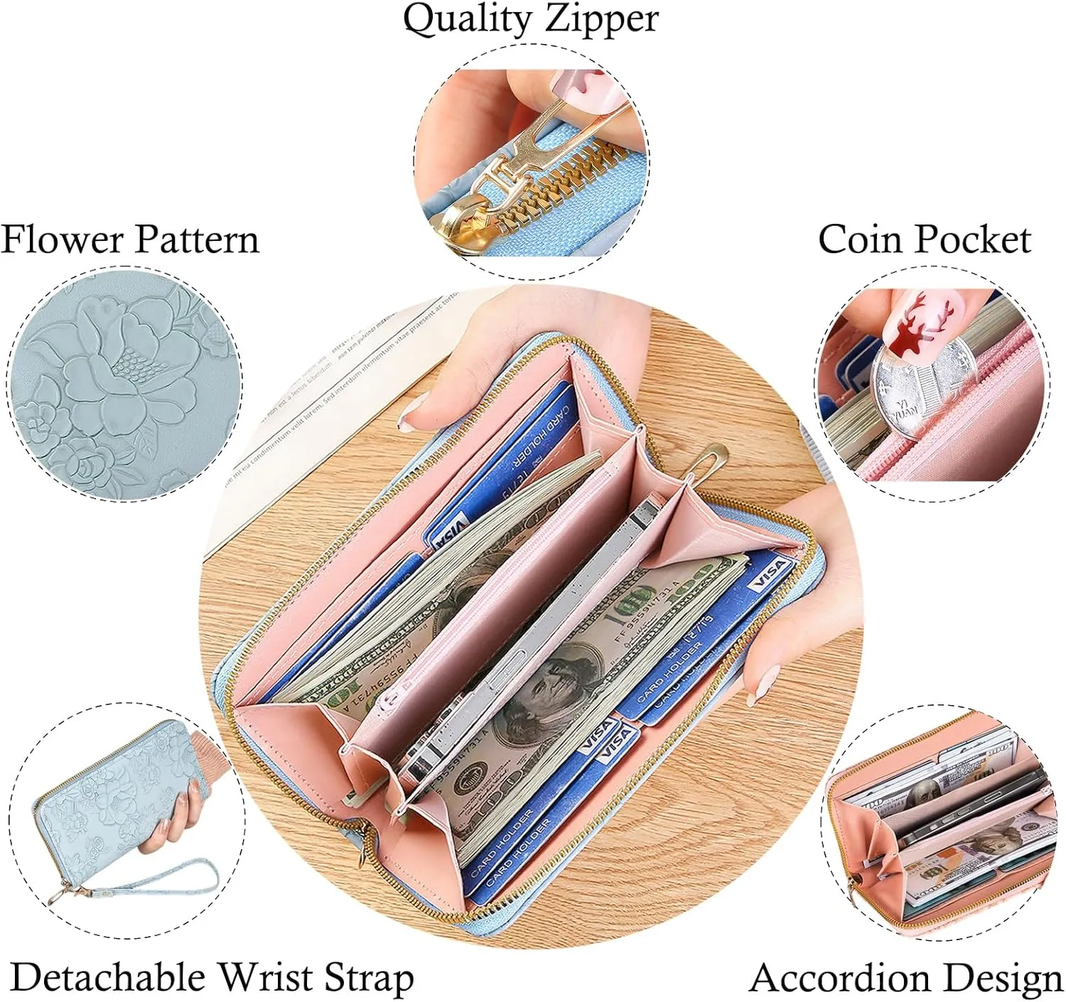 Womens Wallet RFID Wristlet Wallet for Women Cute Floral Leather Credit Card Holder Wallet Ladies Clutch Long Purses