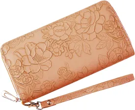 Womens Wallet RFID Wristlet Wallet for Women Cute Floral Leather Credit Card Holder Wallet Ladies Clutch Long Purses