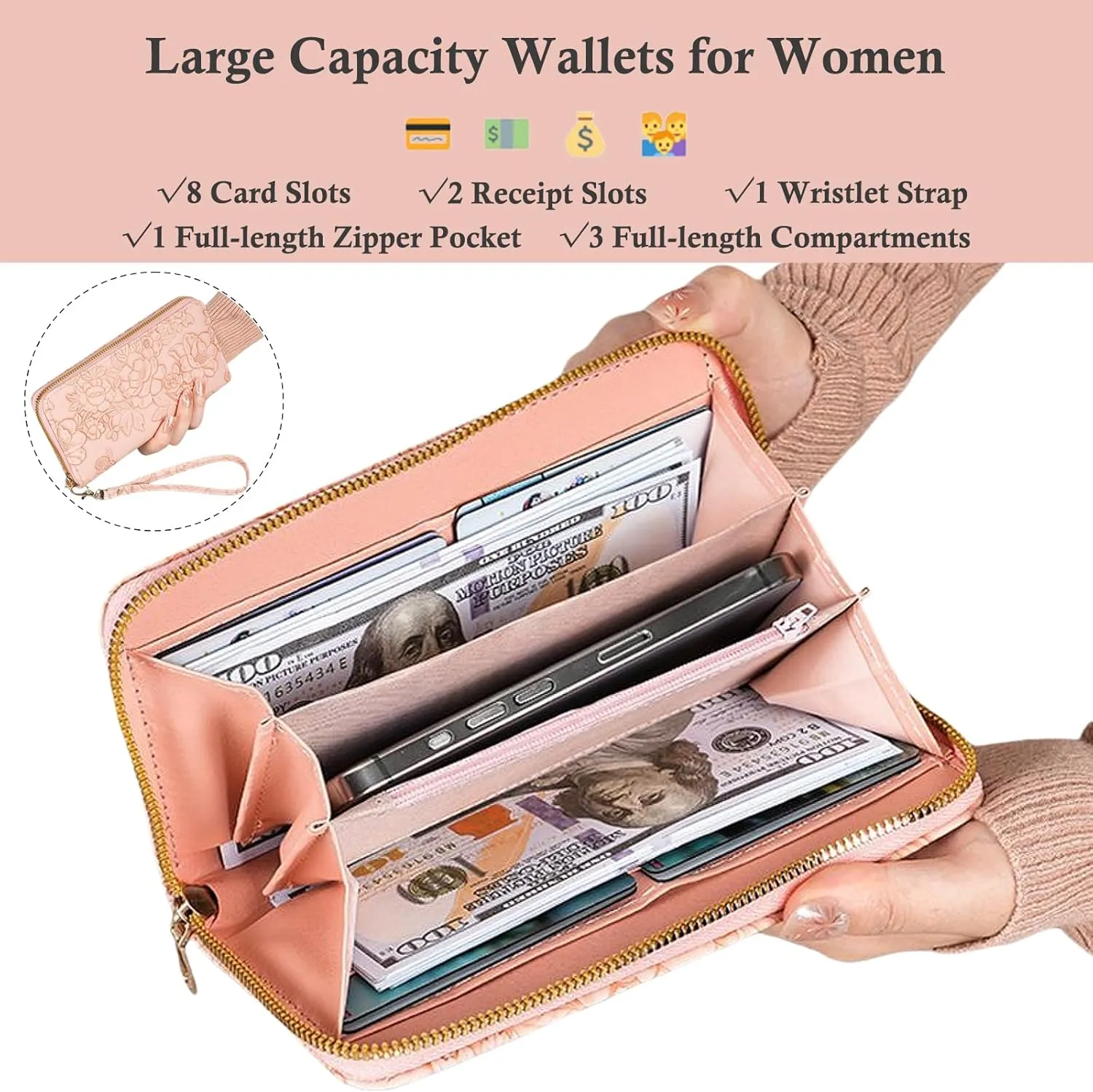 Womens Wallet RFID Wristlet Wallet for Women Cute Floral Leather Credit Card Holder Wallet Ladies Clutch Long Purses